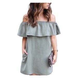 Fashion Nova Olive Green Ruffle Off The Shoulder Mini Sun Dress Side Pockets S